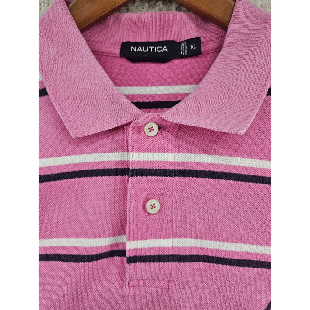 Nautica Mens Shirt XL Pink Polo Striped Short Sleeve Collared Cotton Pullover
